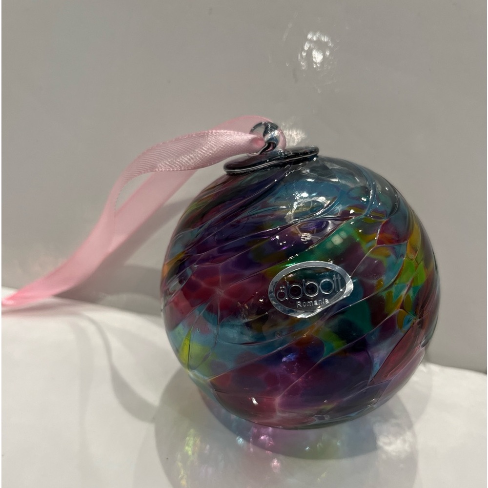 Abbott Romania Art Glass Hand Blown 3.5" Orb Ornament Blue Pink Vintage